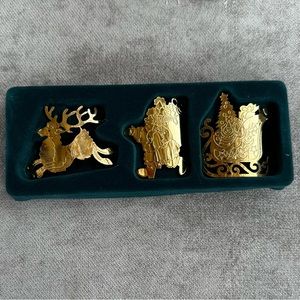 PartyLite 3 Brass Cut Out Holiday Pillar Candle Ornaments Reindeer Santa Sleigh